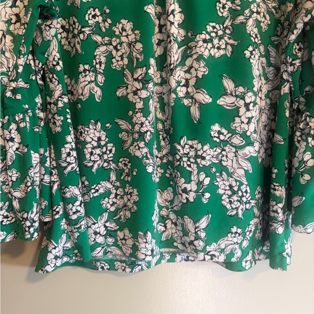 Liz Claiborne Emerald Green Floral Long Bell Sleeve Tunic peasant blouse size XL - Picture 4 of 8